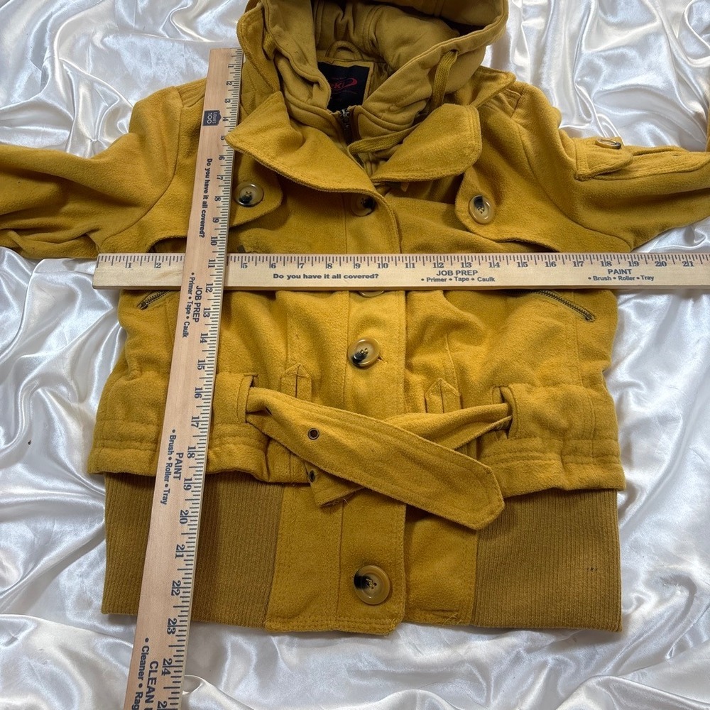 y2k Yoki Bomber Jacket Yellow Excellent Hooded Belted Utility Wool Blend L - Picture 6 of 7
